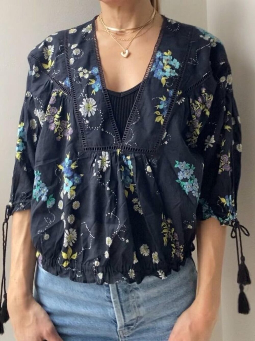Free People Navy Floral Cropped Blouse- Sleeve Tassels- 3/4 Sleeve Length-Size S